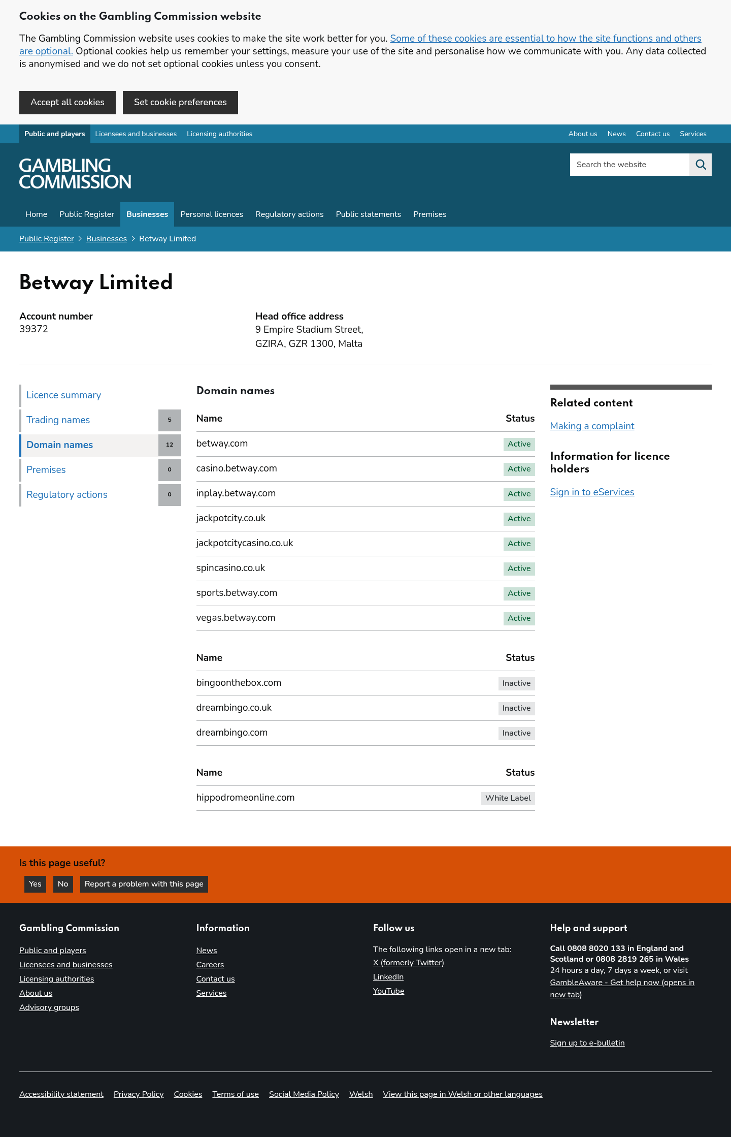 التقاط مؤرخ لسجل لجنة المقامرة البريطانية المرتبط بـ Betway. اقرأ قيد النطاق والاختصاص بجانب الصورة.